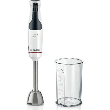 Mixer vertical Bosch ErgoMaster MSM4W410, 800 W, cutit 4 lame si functie antisplash, cuplaj ceramic, picior mixare inoxidabil, pahar de masurare, Alb/ antracit