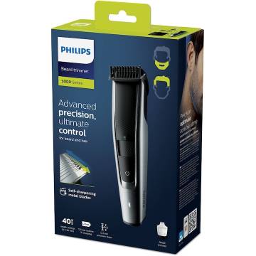 Aparat de tuns barba PHILIPS BT5522/15, Lame din otel inoxidabil 0.4-20mm, Lame metalice cu auto-ascutire, Utilizare fara fir 120 min/incarcare 1 h, Pieptene Lift & Trim, 2 piepteni reglabili, Indicator baterie, husa, Argintiu/Negru