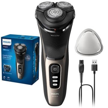 Aparat de ras PHILIPS Shaver Seria 3000 S3242/12, barbierit umed şi uscat, fara fir, capete 5D pivotante si flexibile, lame autoascutire, 60 min, capac de protectie, Auriu cenusiu